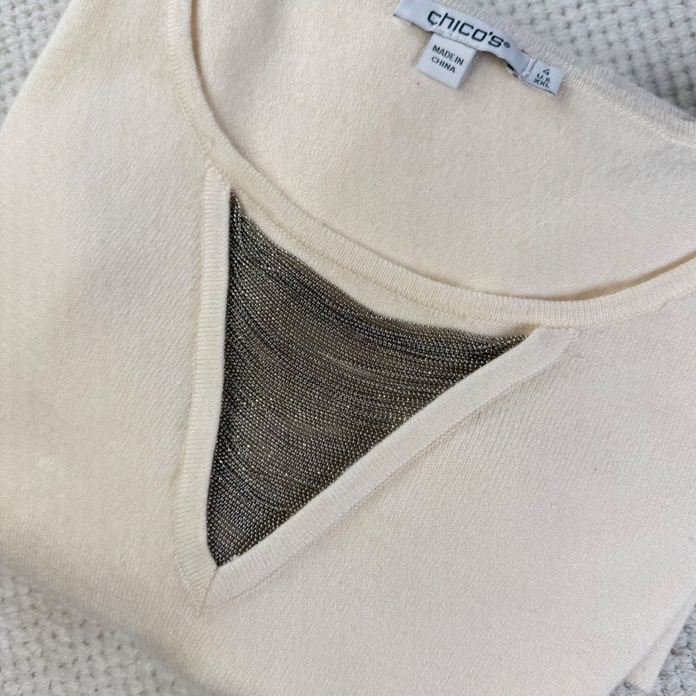 Chicos Cream V-Neck Chainmail Inset Cashmere Blend Sweater Size 4 XXL